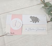 Gutscheinkarte zur Geburt Weiß-Rosa mit Elefant für ein Mädchen