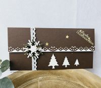 Gutschein- oder Geldgeschenkverpackung Braun-Weiß-Gold mit Christbäumen