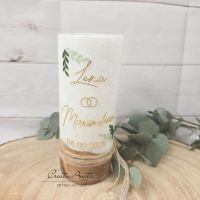 Hochzeitskerze mit echtem Holz mit/ohne Teelichteinsatz, Blätter Gold-Grün