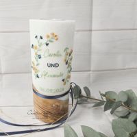 Hochzeitskerze mit echtem Holz und mit/ohne Teelichteinsatz, Blumen Gold-Blau-Eukalypthus