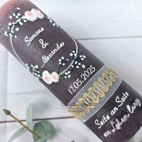 Hochzeitskerze Rustik schlamm - Edler zarter Blütenkreis weiß-silber