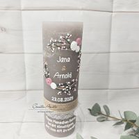 Hochzeitskerze Rustik taupe - Edler zarter Blütenkreis weiß-altrosa