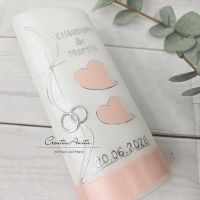 Hochzeitskerze Perlmutt geriffelt - Ellipse abgeschrägt mit Herzen - APRICOT-LACHS mit Silberstreifen umrandet