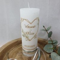 Hochzeitskerze Rustik weiß - Herz Geometric mit zarten Blättern - gold-eukalypthus