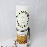 Hochzeitskerze mit echtem Holz und Teelichteinsatz -Blütenkranz- Altrosa-Gold