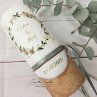 Hochzeitskerze mit echtem Holz und mit/ohne Teelichteinsatz -Blütenkranz- Gold