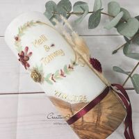 Hochzeitskerze mit echtem Holz und mit/ohne Teelichteinsatz, Blumen Gold-Bordeaux