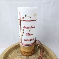 Hochzeitskerze mit echtem Holz mit/ohne Teelichteinsatz Kreuz, Blätterranke -Bordeaux-Gold-