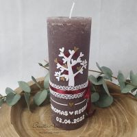 Hochzeitskerze Rustik braun mit Baum - Bordeaux-Gold