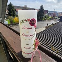 Hochzeitskerze Rustik weiß inkl. Teelicht groß - Blütenkranz und Trockenblumen in Brombeere-Altrosa-Gold