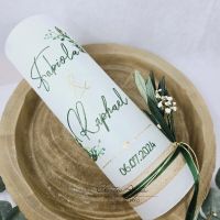 Hochzeitskerze Rustik weiß - Floral Schreibschrift grün-gold, mit/ohne Teelichteinsatz