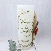 Hochzeitskerze Rustik weiß XXL mit Teelichteinsatz - Blätterranken mit filigranen Blüten