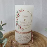 Hochzeitskerze Rustik weiß - zarte Blümchen altrosa-bordeaux