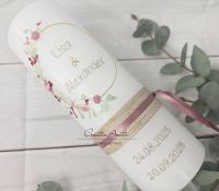 Hochzeitskerze weiß mit zarten Blümchen in altrosa-bordeaux 250x80 mm
