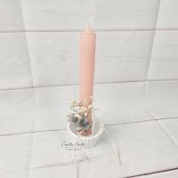 Stabkerzenhalter in Runder Form mit Rillenoptik - Eukalypthus und Schleierkraut dekoriert -apricot-