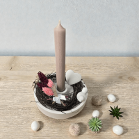 Stabkerzenhalter rund - weiß mit Kerze, Weidenkranz und Herz, Vögelchen aus Beton