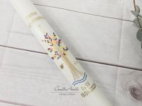 Kommunionkerze Baum bunt-gold oder in Wunschfarbe Kreuz, Wasser, Taube, Fisch