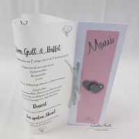 Menükarte in HERZFORM! Traumlicht in Weiß-Altrosa-Grau