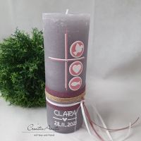 Taufkerze Rustikkerze Kreuz in grau-altrosa-weiß