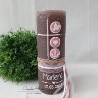 Taufkerze Rustikkerze Kreuz in altrosa-weiß