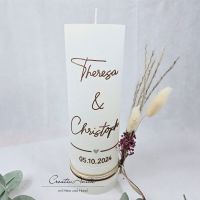 Hochzeitskerze Rustik weiß groß mit/ohne Teelichteinsatz - Schrift Braun metallic, Trockenblumen