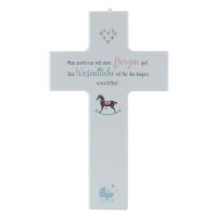 Kinderkreuz aus Holz weiß mit Herz aus Kristallsteinchen