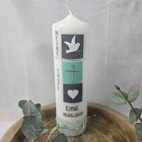 Taufkerze -Quadrate- mint und grau mit christlichen Motiven