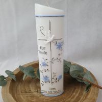 Taufkerze Kreuz - Hellblau-Silber mit Taube Ellipse schmal - Junge - personalisiert