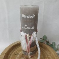 Taufkerze Rustikkerze -Boho-Stil- mit Teelicht Roségold, Altrosa  mit Pampasgras
