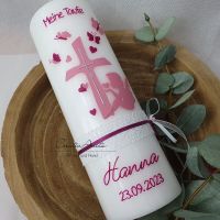 Taufkerze mit Herzen, Schmetterlinge und Engel - Altrosa-Beere - personalisiert