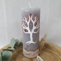 Taufkerze Rustikkerze mit Lebensbaum - Herzen in Roségold-Apricot