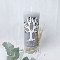 Taufkerze Rustikkerze mit Lebensbaum - Herzen in Roségold-Mint