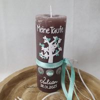 Taufkerze Rustikkerze mit Lebensbaum weiß-mint -personalisiert-