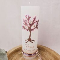 Taufkerze Rustikkerze mit Lebensbaum und christlichen Symbolen Weiß-Roségold, Metallic Braun, Altrosa, Aubergine mit/ohne Teelichteinsatz