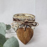 Windlicht aus Glas mit Holz Herz Anhänger silber