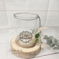 Windlicht Kerzenhalter Tischdekoration Kerzenglas -Glücksmomente- mit Holzscheibe - dekoriert